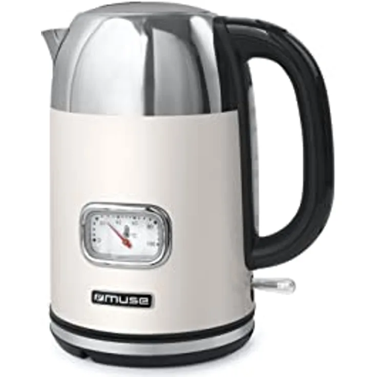 MUSE Edelstahl Retro Wasserkocher mit analoger Temperaturanzeige, mit Filter, transparenter Skala, 1,7L Fassungsvermögen, Automatische Abschaltung, beige-edelstahl (MS-020 SC)