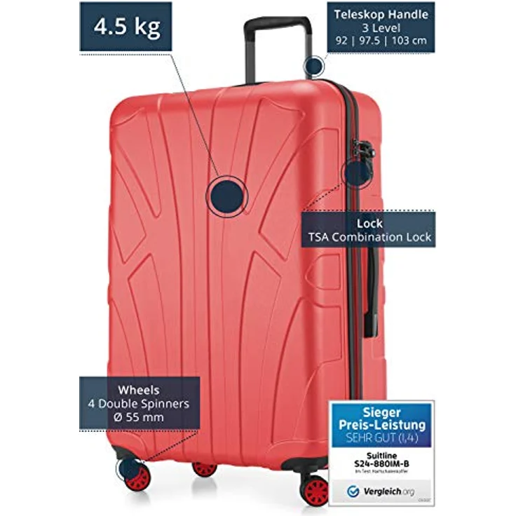 suitline Großer Hartschalen-Koffer Trolley Rollkoffer XL, 76 cm, TSA, 96-110 Liter, 100% ABS matt, Korall – Bild 2