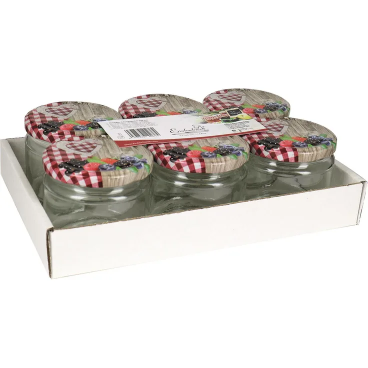 DOSEN-ZENTRALE Schraubdeckelglas Sturz 330ml mit 82mm TO-Deckel, Holz/Herzdekor im 6er Tray