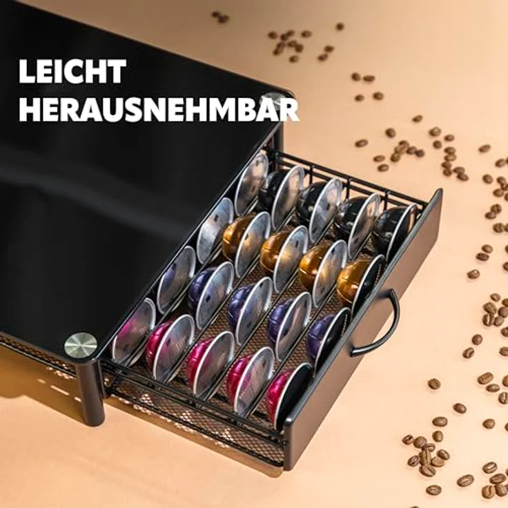 eluno Kapselhalter für 40x Nespresso Vertuo, Schubladenbox mit Glasplatte und Metallstandfuß, praktische Kaffeekapselbox in schwarz, ca. 33,5 x 9 x 41 cm (B/H/T) – Bild 4