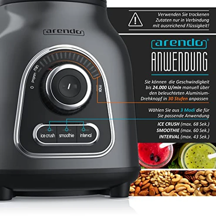 Arendo Standmixer Glas und Smoothie Mixer - Hochleistungsmixer 24.000 U min - 1,75 lL Glasbehälter - 6-flügeliges kugelgelagertes Edelstahlmesser - 30 Leistungsstufen - Impulsfunktion - Edelstahl – Bild 2