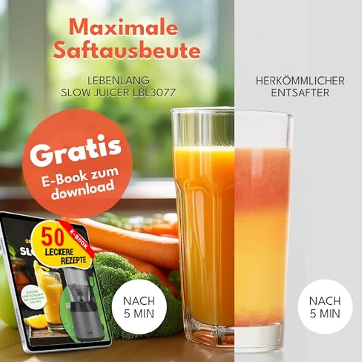 LEBENLANG Slow Juicer, elektrischer Entsafter mit 130mm Öffnung, inkl. Rezeptbuch, 100% BPA-frei, Edelstahl, hohe Saftausbeute – Bild 3