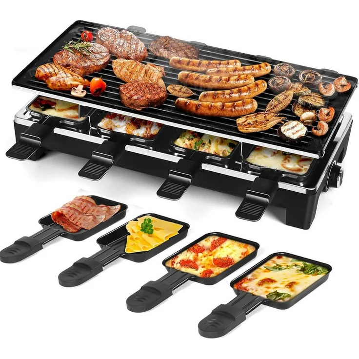 OYLCDI Tischgrill Elektrogrill, Rauchfreier Grill mit 1500 W, 40 x 20 cm Grillfläche, Regelbares Thermostat, 8 Käsepfannen, Ideal für Innen- und Außenbereich
