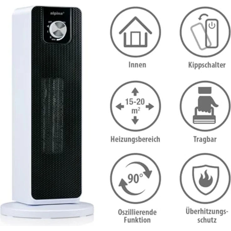 Alpina Elektrischer Heizlüfter 2000W – Keramik Heizkörper mit Griff und Absturzsicherung – Oszillierender Heizstrahler für Räume bis 20 m² – 21 x 21 x 46 cm – Bild 3