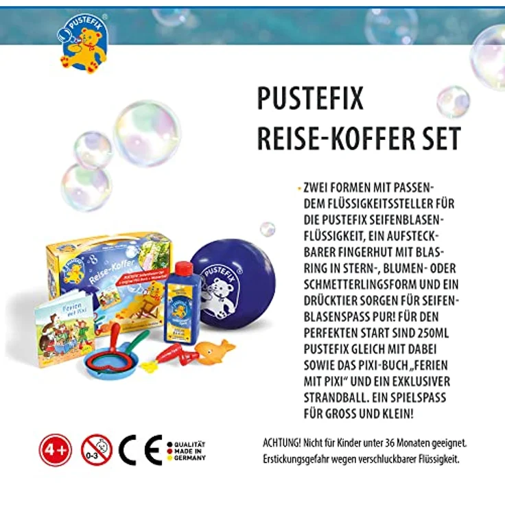 Pustefix Reisekoffer Set I Seifenblasen-Set + original Pixi Buch + Wasserball I Bunte Rainbow Bubbles Made in Germany I Seifenblasen für Kinder & Erwachsene I 250 ml – Bild 5