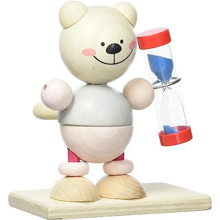 Hess Holzspielzeug 14531 - Zahnputzuhr aus Holz für Kinder, inkl. Zahnbürstenhalter und Sanduhr, Nature Serie Bär in Rosa, handgefertigt, zur täglichen Nutzung beim Zähneputzen