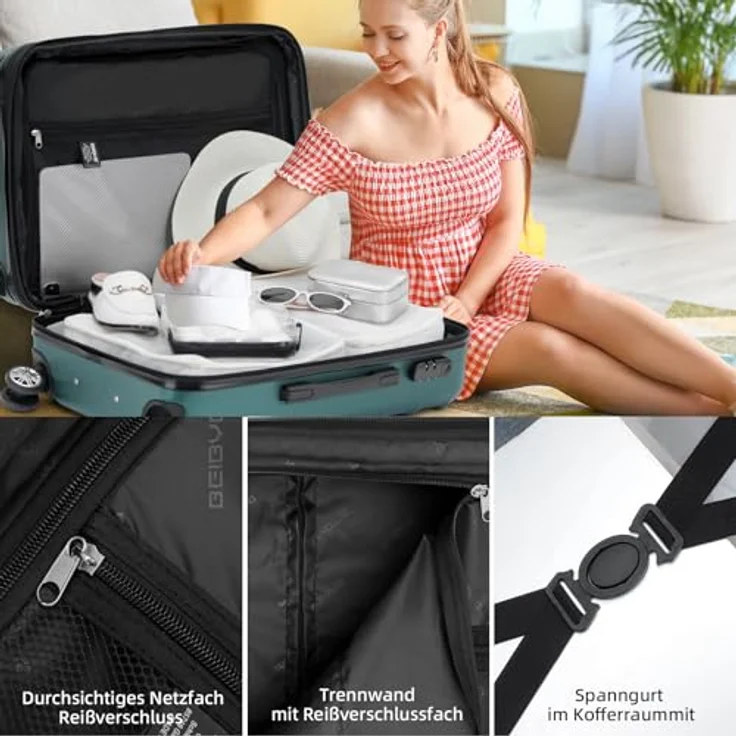 BEIBYE Kofferset Hartschale Trolley mit 4 Zwillingsrollen, integriertes Sicherheits-Zahlenschloss, 3 Größen (M, L, XL) in Dunkelgrün – Bild 4