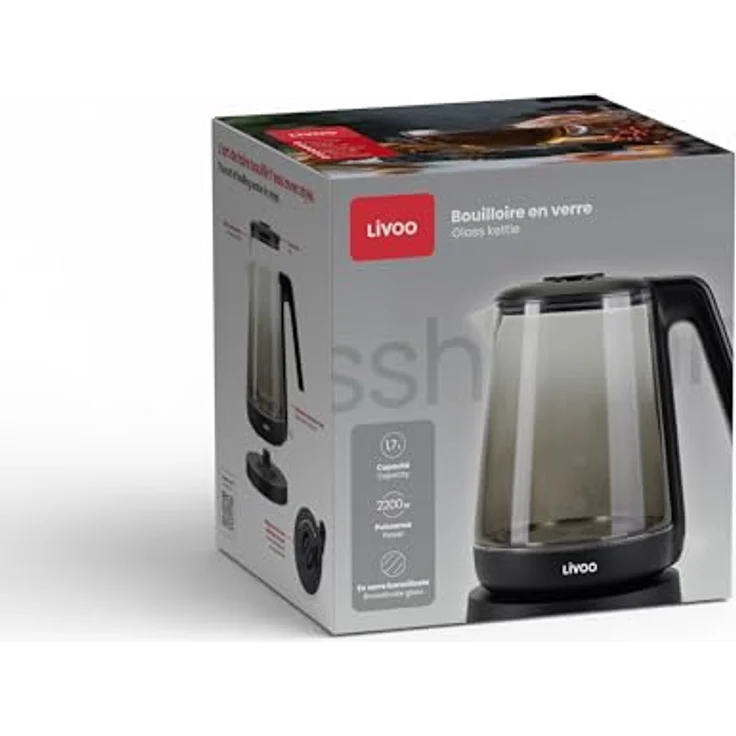 Livoo DOD216N Wasserkocher, 1,7 l, mit 1850 W/2200 W Leistung, Borosilikatglas, automatischer Abschaltung, Hintergrundbeleuchtung blau – Bild 5
