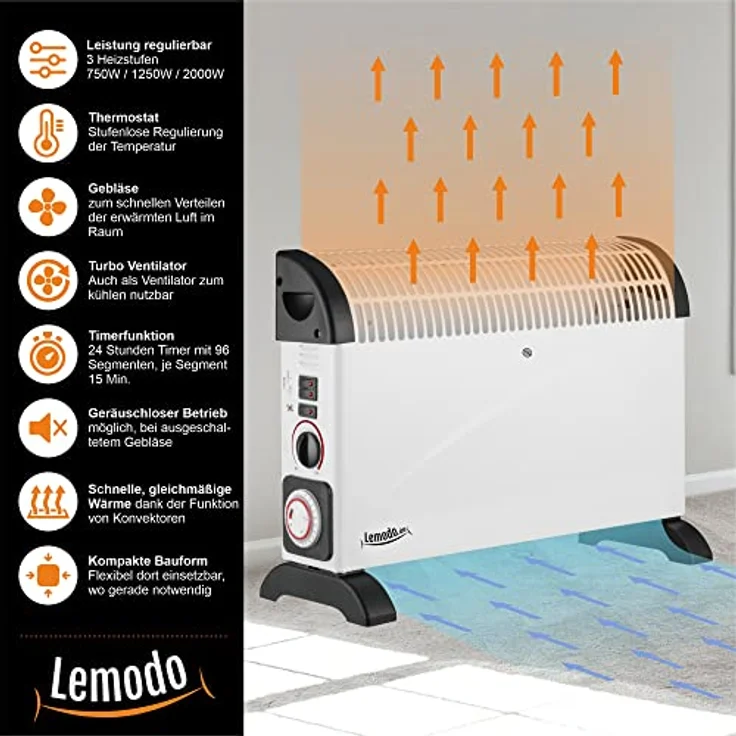 LEMODO Elektroheizung | Mobile Konvektor Heizung | Elektrische Heizung mit 3 Leistungsstufen (750W / 1.250W / 2.000W) | Heizgerät ohne Gas und ohne Öl | Energiesparender Elektroheizkörper – Bild 4