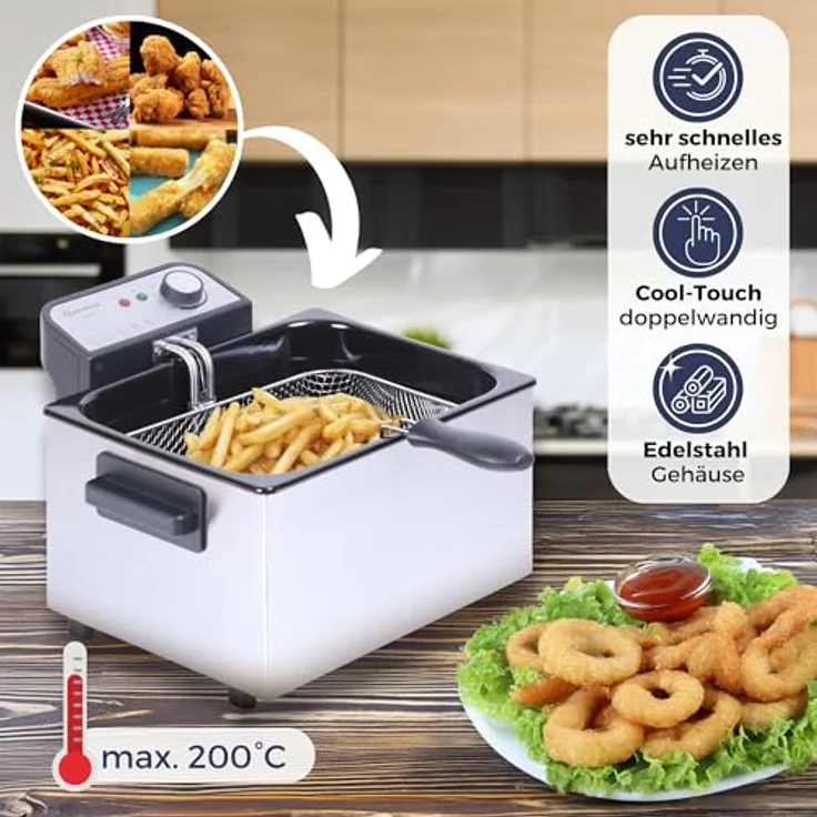 Sommertal XXL Doppel-Fritteuse mit Öl oder Fett – 3 Körbe, 5 Liter, 3000 Watt, Kaltzone, echte Edelstahl Fritteuse für knusprige Pommes – Bild 5