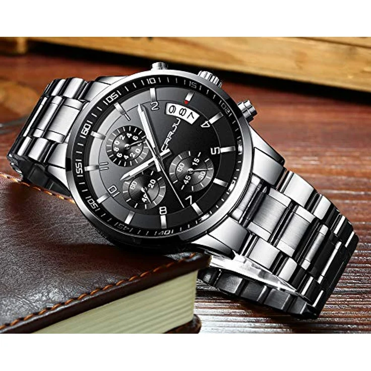 CRRJU Herren Chronograph Armbanduhr, wasserdicht, Edelstahlarmband, analoges Quarzwerk mit Kalender, Silber Schwarz – Bild 3