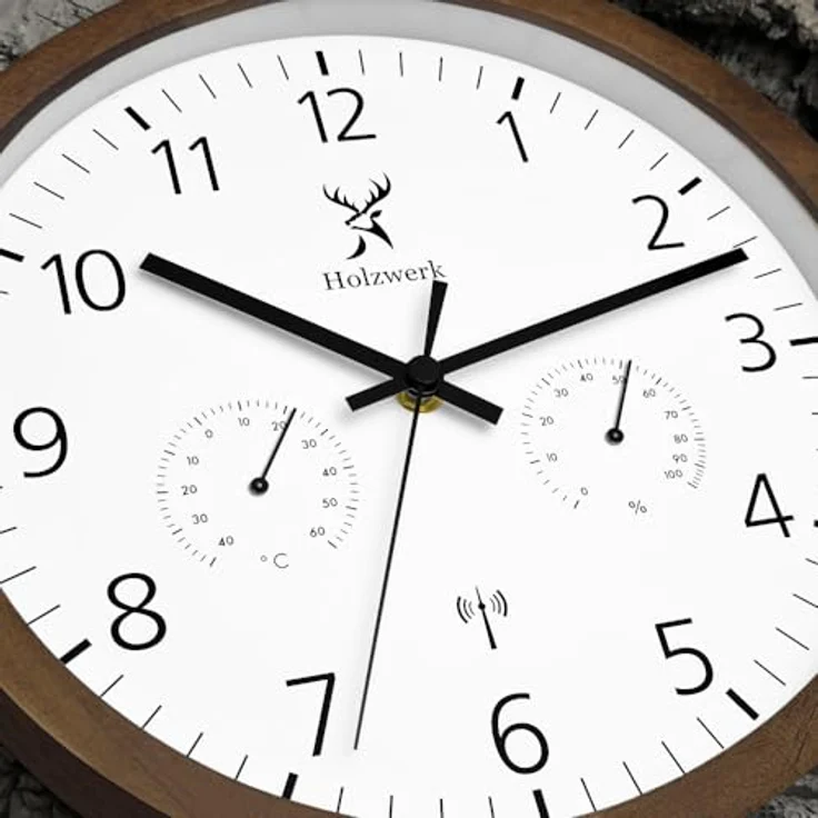 Holzwerk WEGBERG Funk Wanduhr aus Massivholz, 30 cm, mit Temperaturanzeige und Hygrometer, lautloses Uhrwerk, Braun/Buche – Bild 3