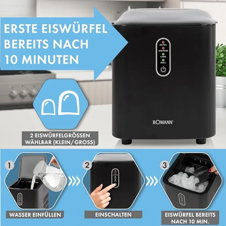 Bomann® Eiswürfelmaschine schnelle Produktion - Eiswürfel in 10 Minuten | bis zu 10kg Eis in 24 Std. | Eiswürfel Maschine mit 2 Eiswürfelgrößen & 1,1L Wassertank | inkl. Eis-Schaufel | EWB 6068 CB – Bild 3
