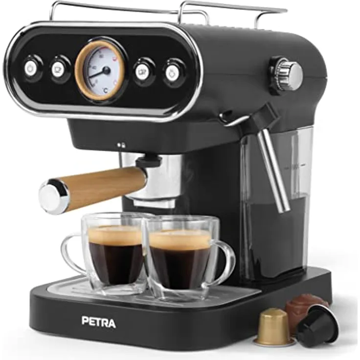 Petra PT5108VDEEU7 3in1 Barista kaffeemaschine, esspressomaschine, 30/54mm Kapseln & gemahlenem Kaffee kompatibel, 1050W Kaffeekapselmaschine, Milchaufschäumer, italienische 19bar Druckpumpe, BPA-Frei