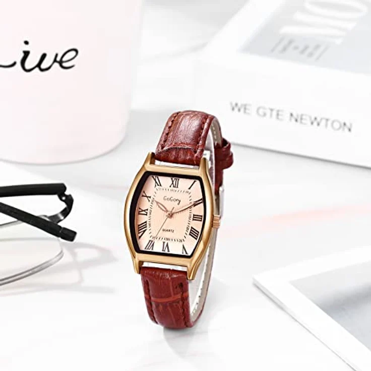 JewelryWe Damen Analog Quarz Armbanduhr, Retro Römische Ziffern, Rechteckig mit Braunem Lederarmband, wasserdicht – Bild 5