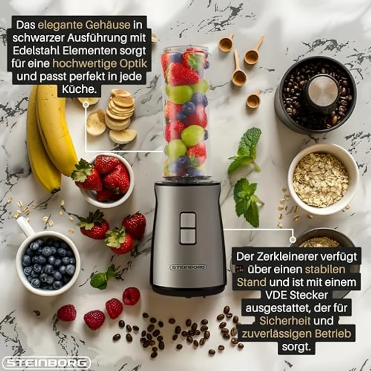 STEINBORG Standmixer SB-2650, 500 W, 1,8 Liter Glasbehälter, 600 ml To Go Becher, 4-Fach Edelstahlklingen, schwarz – Bild 7