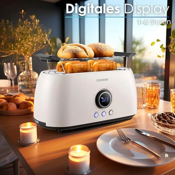 Steinborg Langschlitztoaster 4-Scheiben mit Brötchenaufsatz, automatischer Abschaltung, digitalem Display und Restzeitanzeige, Cool-Touch-Gehäuse (Bulgur Beige) – Bild 3