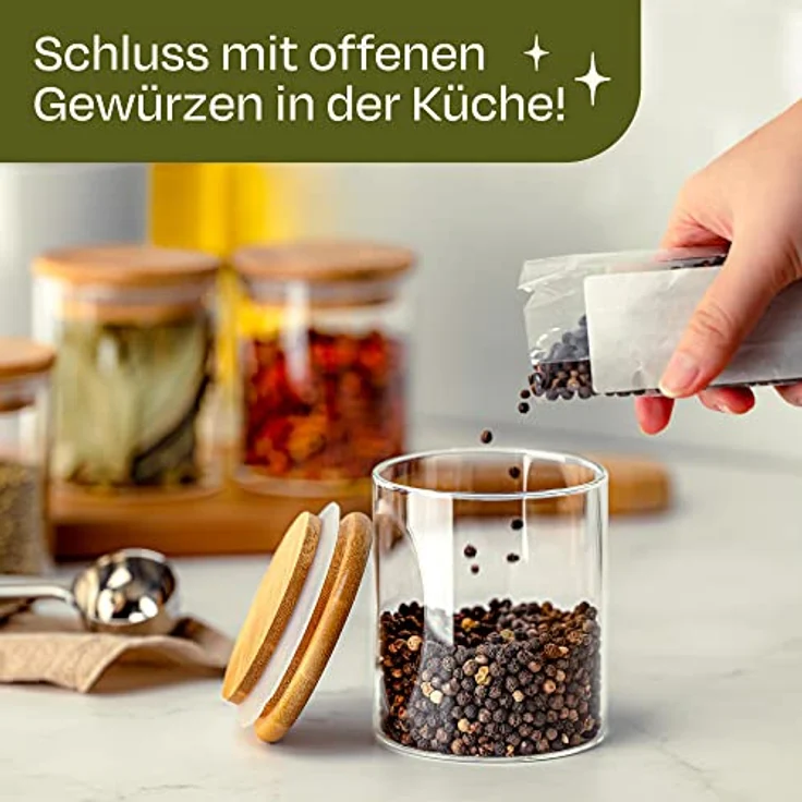 Niboline Gewürzbehälter 8er Set 250ml mit Etiketten und Stift - Luftdicht - Spülmaschinenfest - Transparent - Gewürzgläser für Gewürze und Kräuter – Bild 3