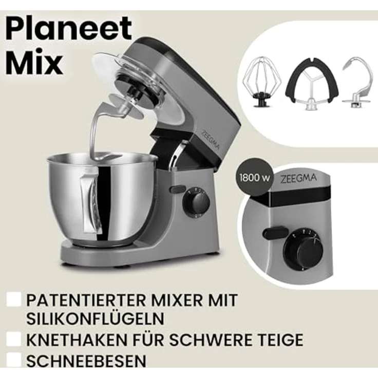 Zeegma Küchenmaschine PLANEET MIX, 1800W, 5L Schüssel, 8 Betriebsmodi, mit Touchscreen, Silikonpads und Anti-Rutsch-Pads – Bild 4