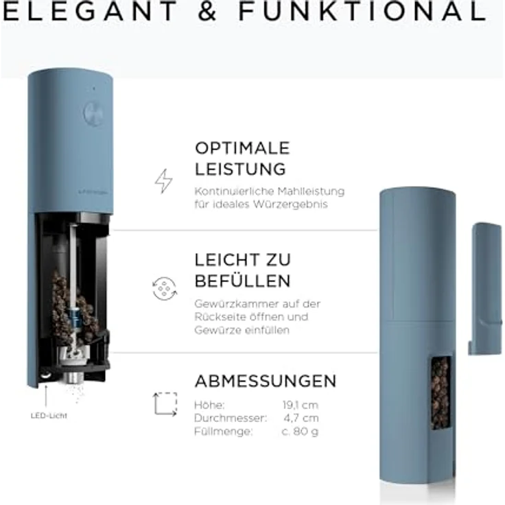 LARS NYSØM Salz und Pfeffer Mühle Elektrisch 2er Set mit einstellbarem Keramik-Mahlwerk von grob bis fein I Design Gewürzmühlenset Automatisch (2 Stück, Blue Stone) – Bild 4