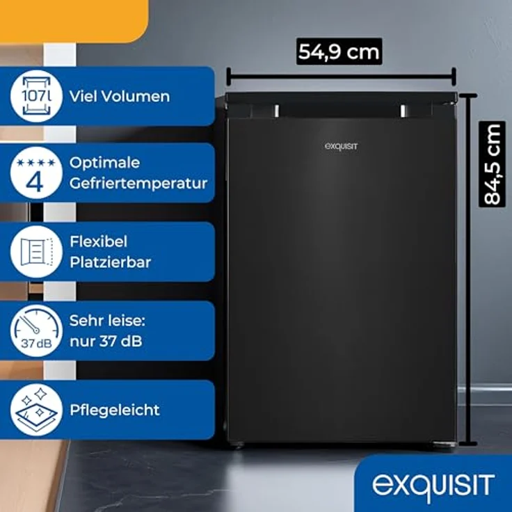 Exquisit KS515-4-051C, Kühlschrank mit Gefrierfach, 107l Nutzinhalt, 4-Sterne-Gefrierqualität, 2 Glasablagen, 37 dB, inoxlook – Bild 3