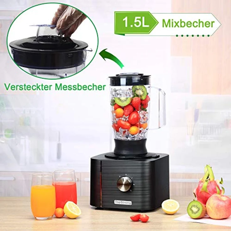 TopStrong Foodprozessor, 1100W, 11 Funktionen, 3,2L und 1,5 Behälter, inkl. Zerkleinerer, Scheidescheibe, Zitruspresse, Knethaken, schwarz – Bild 5