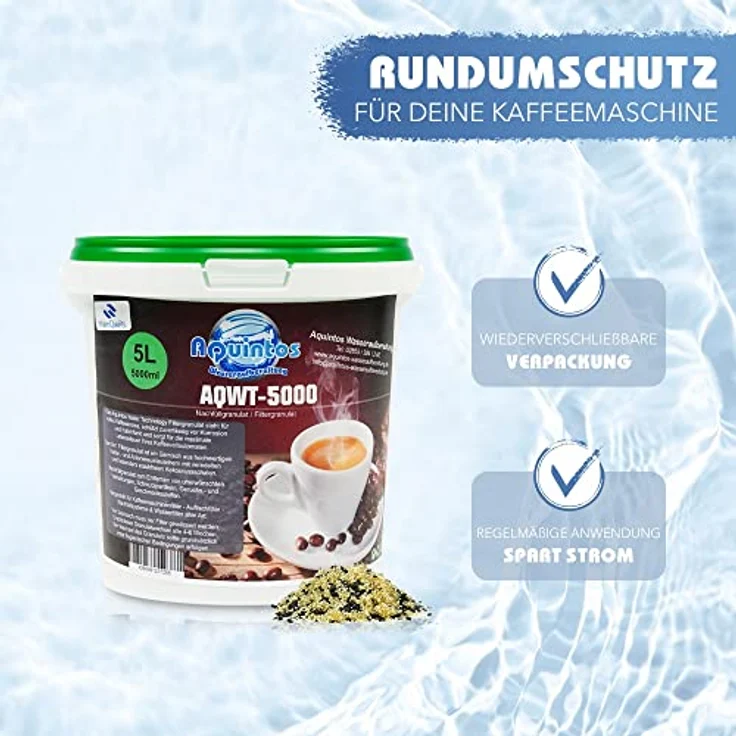Aquintos Filtergranulat AQWT5000, Nachfüllgranulat für Kaffeevollautomaten, 5 Liter, schützt vor Kalkablagerungen und organischen Verunreinigungen – Bild 2