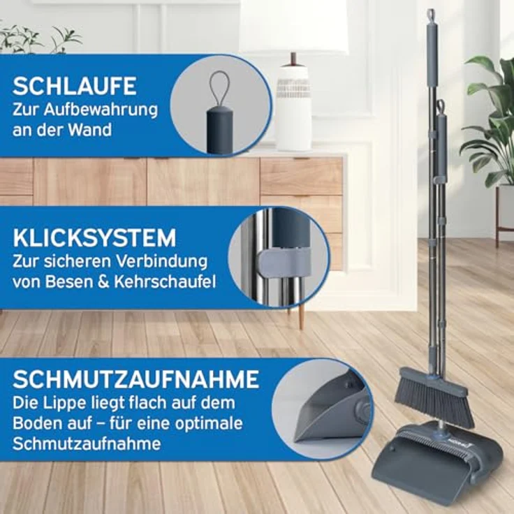 kör4u Besen-Set mit langem Stiel und Kehrschaufel, 180 Grad drehbarer Besenkopf, ergonomisch und platzsparend für Tierhaare und Hartböden – Bild 5