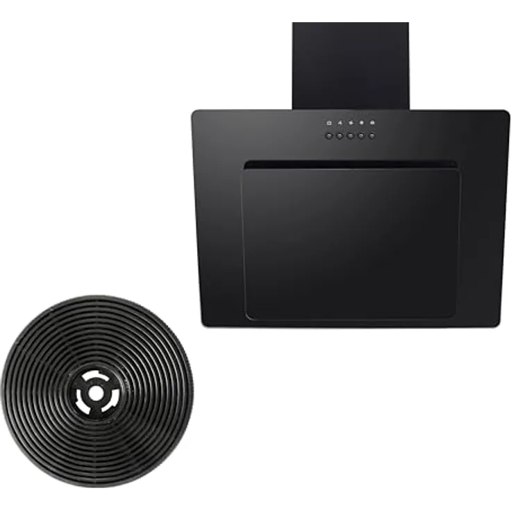 YUNA KIM SH60A inklusive Kohlefilter | Dunstabzugshaube | Breite 60cm | Abluft- & Umluftbetrieb | Luftstrom 330 m³/h | schwarze Glasfront | Wandhaube | LED-Beleuchtung | 64 dbA | 24,7 kWh/Jahr