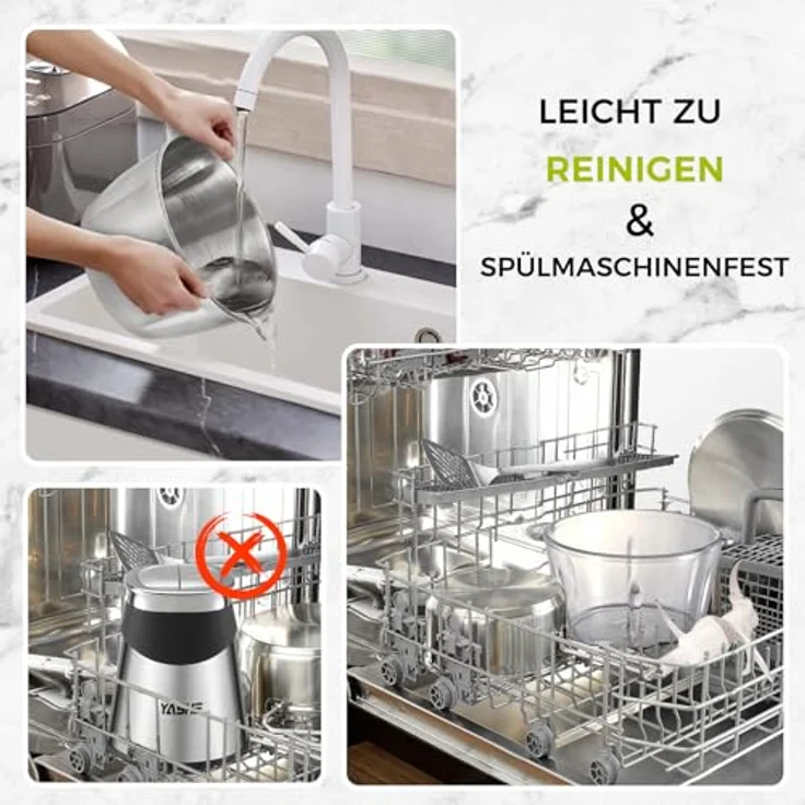 YASHE 1, 8L+2L Elektrischer Zerkleinerer mit Glas- und Edelstahlschüssel, 500W, Schwarz/Edelstahl – Bild 7
