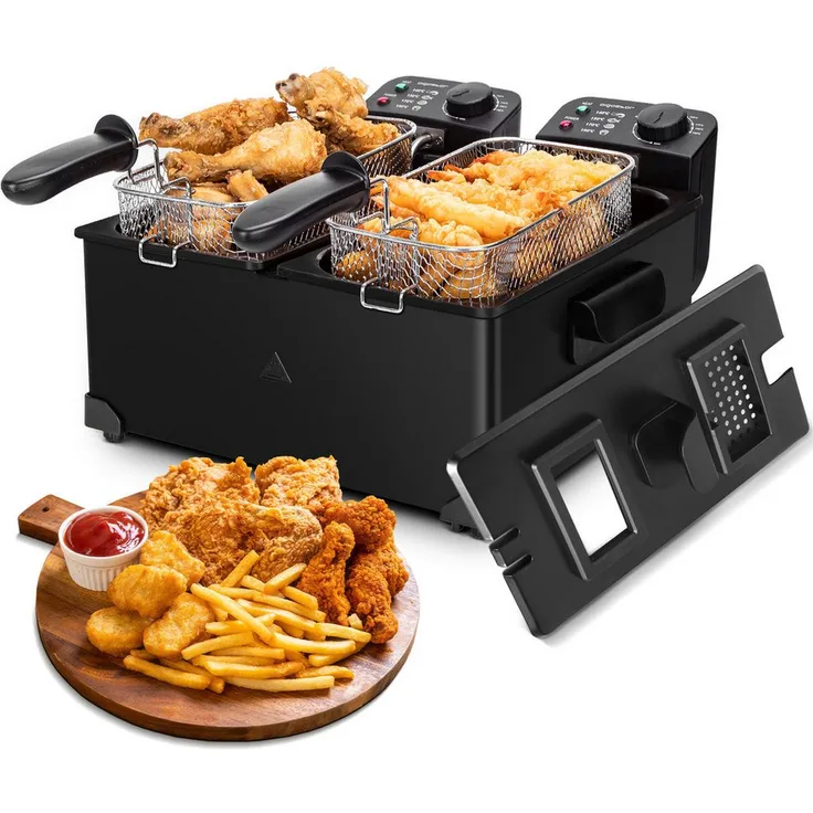 Aigostar Edelstahl Doppel-Fritteuse mit 2 Körben, 6 Liter, 3600W, Kaltzonenfunktion, Temperaturregelung, automatische Abschaltung