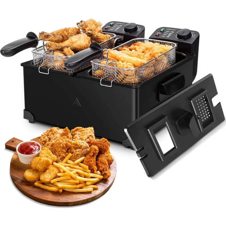 Aigostar Edelstahl Doppel-Fritteuse mit 2 Körben, 6 Liter, 3600W, Kaltzonenfunktion, Temperaturregelung, automatische Abschaltung