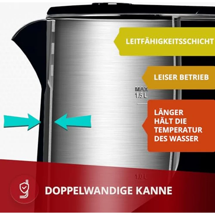 MPM MCZ-120/C Wasserkocher 1,5L, Doppelwand-Design, Temperaturregelung 40-100°C, Edelstahl-Innenbehälter, 2200W, Geräuscharm, Schwarz – Bild 3