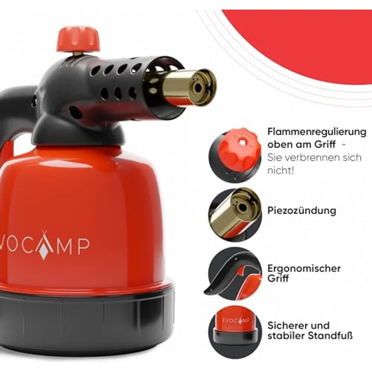 EVOCAMP Flambierbrenner Gasbrenner 1,3 kW mit Piezozündung und max. Temperatur 1300°C, inkl. 4 Gaskartuschen 190g – Bild 3
