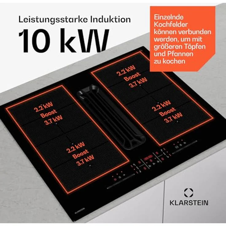 Klarstein AirJet FlexPro DSM_AirjFlexPro_60BK, Induktions-Kochfeld mit integrierter Dunstabzugshaube, 4 Zonen, 14 kW, A+ Effizienz, schwarz – Bild 4
