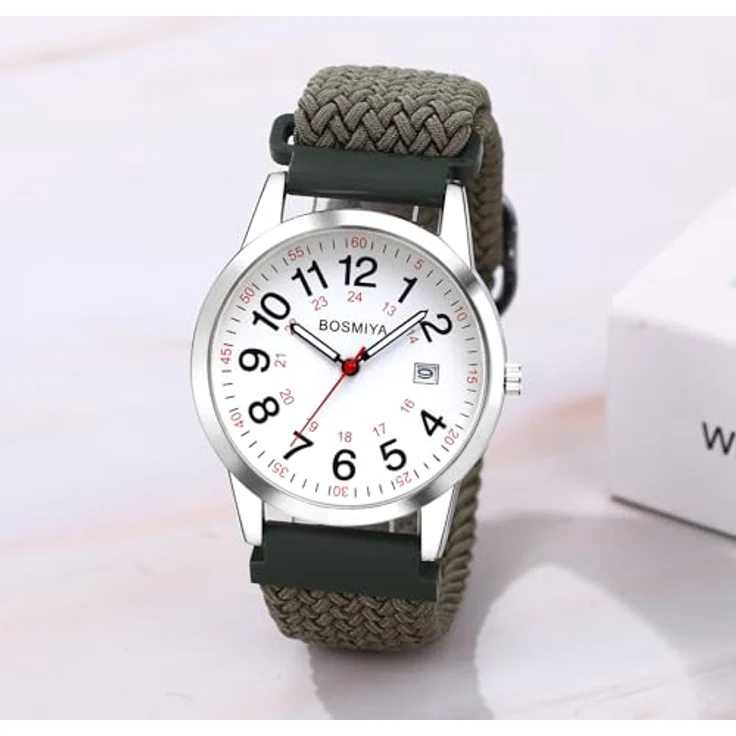 JewelryWe Geflochtene Elastische Damenuhr/Herrenuhr, Analog Quarz mit Kalender, grünes Gewebtes Stretcharmband, großes Zifferblatt mit 12/24 Stunden und Datumsanzeige – Bild 2