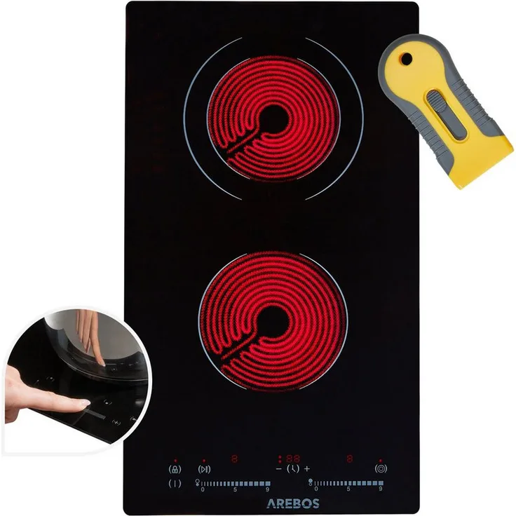 Arebos Elektro-Kochfeld Glaskeramik 3200W 2 Kochzonen 30 cm, autark mit Touch-Slider und Timer-Funktion, Edelstahl-Gehäuse