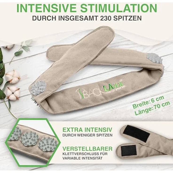 BACKLAxx® Massagegerät Akupressur Stirnband, Kopfband, Kopfmassagegerät mit Tasche zur Kopfmassage, Intensitätsregulierung durch Klettverschluss - Umweltfreundliches Halbleinen, 230 Spitzen, erholsame Kopfmassage – Bild 3