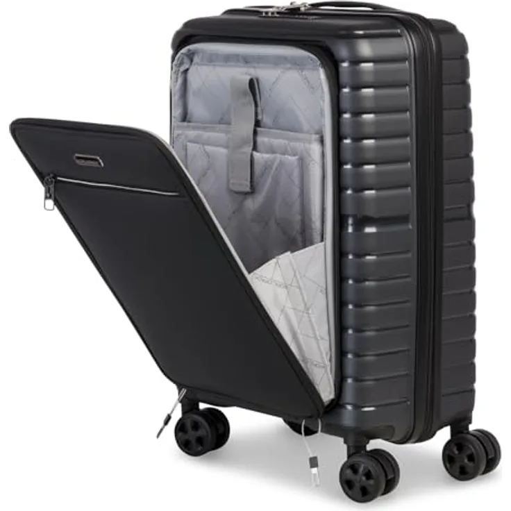 Worldpack 4-Rad Handgepäck Trolley mit Vortasche erfüllt IATA-Bordgepäckmaß, Air Base, Gepäck Serie Dallas: Funktionaler Hartschalen Trolley im coolen Look, 55 cm, 41 Liter, Schwarz - Preisvergleich