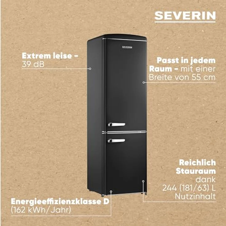 SEVERIN Retro Kühl- & Gefrierkombination RKG 8918, schwarz mit Chrom-Applikationen, LED-Beleuchtung, 244 L Nettovolumen, nur 39 dB – Bild 4