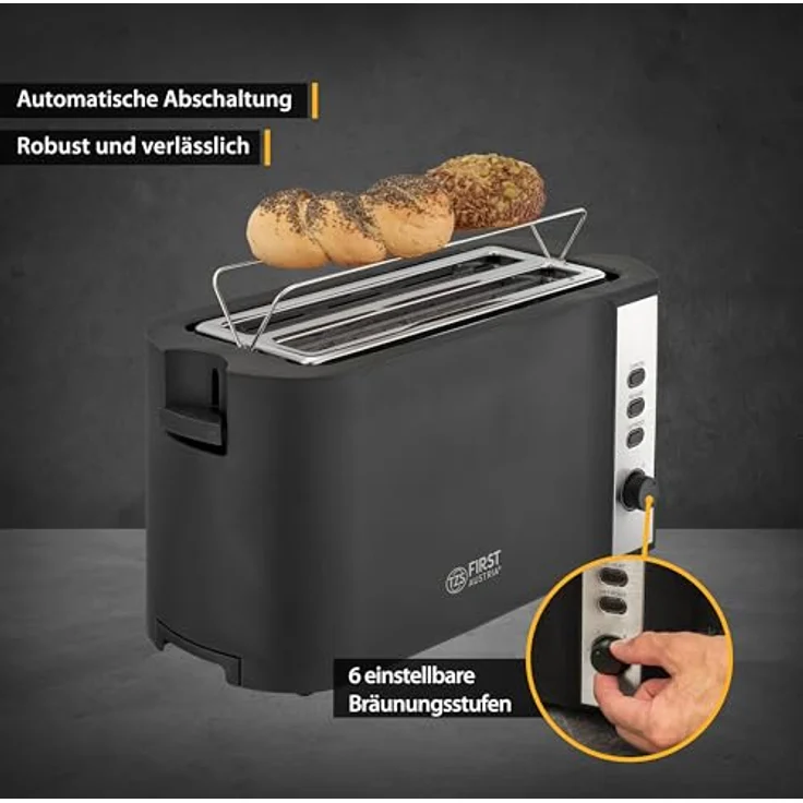 TZS First Austria Toaster | 4 Scheiben Langschlitz | 6 Bräunungsstufen | Auftau- und Aufwärmfunktion | Brötchenwärmer | Krümelschale – Bild 5