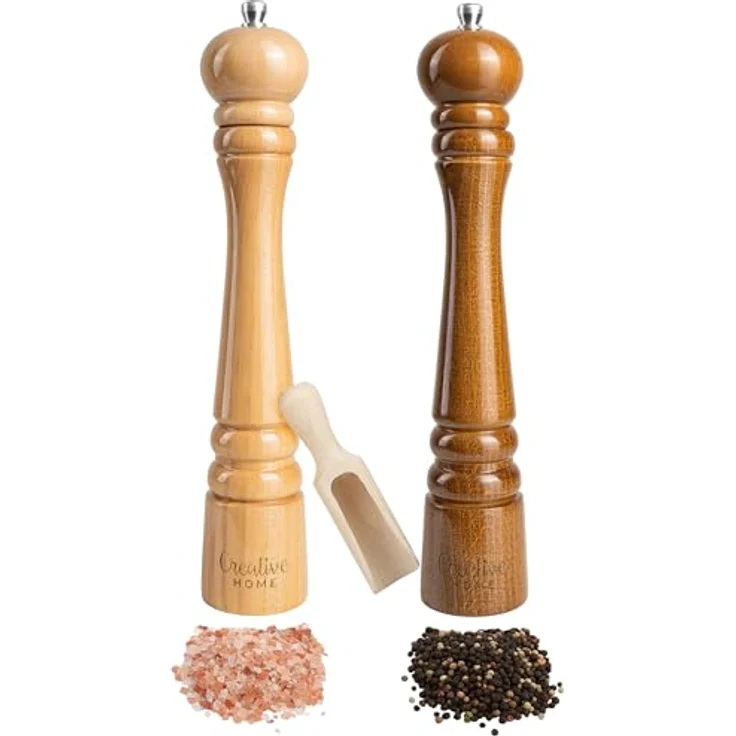Creative Home Salz Pfeffermühle und Pfeffermühle Set aus Buchenholz, 31,5 cm Höhe mit manuellen Metallmahlwerk und Mini-Holzschaufel, ideal für Gewürze – Bild 1