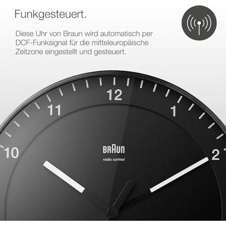 Braun Klassische große Funkwanduhr Mitteleuropäische Zeitzone (MEZ/GMT+1) leises Uhrwerk, 30cm, schwarzes Modell BC17B-DCF – Bild 2
