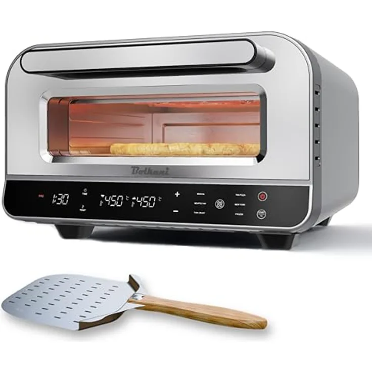 BOLKANI Elektrischer Pizzaofen, 1700W mit Pizzastein und Pizzaschieber, 450°C für knusprige Pizza in 2 Minuten, Timer und Innenbeleuchtung