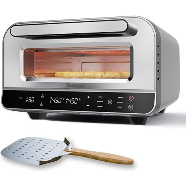 BOLKANI Elektrischer Pizzaofen, 1700W mit Pizzastein und Pizzaschieber, 450°C für knusprige Pizza in 2 Minuten, Timer und Innenbeleuchtung – Bild 1