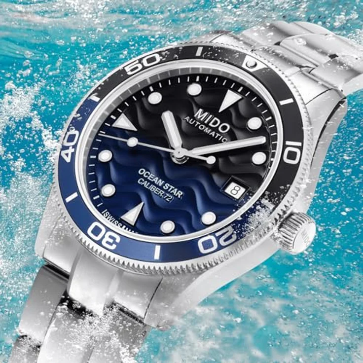 Mido Ocean Star 39, Unisex Automatikuhr mit Edelstahlgehäuse, 20 ATM wasserdicht, schwarz/blau Zifferblatt, Schweizer Automatikwerk Mido Kaliber 72 – Bild 7