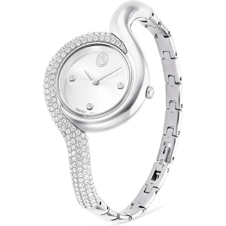 Swarovski Dextera Uhr, Asymmetrische analoge Armbanduhr mit silberfarbenem Metallarmband und 203 Kristallen, Armbandlänge: 11.7-14.7 cm, wasserdicht bis 50 m – Bild 2
