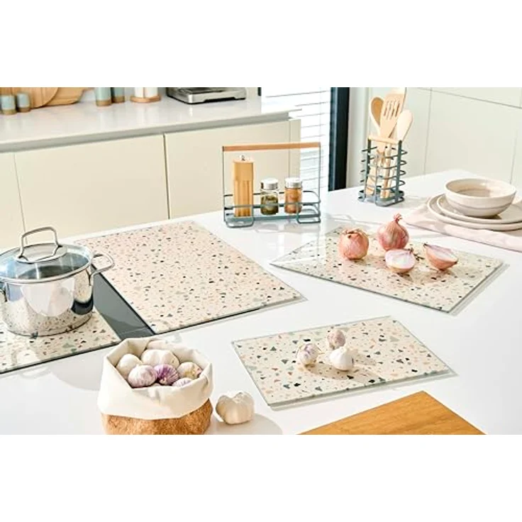Zeller Present Schneidebrett Herdabdeck-/Schneideplatten-Set "Terrazzo", 2-tlg., Glas, Sicherheitsglas, Moderne Platte aus Sicherheitsglas, Terrazzo-Farbe – Bild 2