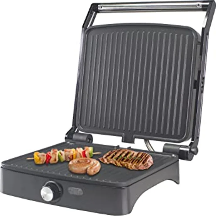 BEPER P101TOS502 Multifunktionsgrill, Panini Maker, Bakelite/Stahl,1800W, Grillplatte 28x25 cm, 180°-Öffnung, Thermostat verstellbar, Fettauffangschale, in Schwarz