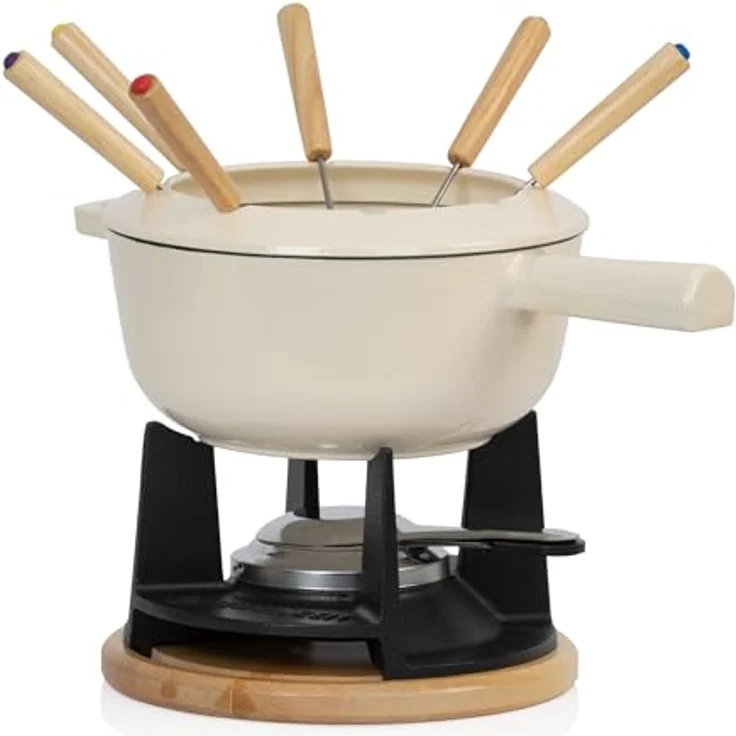 Mahlzeit Gusseisen Fondue Set für 6 Personen | 2 Liter | Fondueset 13 teilig mit Brenner und Gabeln | Fondue-Set, Käsefondue Set, Fleischfondue Set, Schokofondue Set (Creme emailliert) – Bild 1